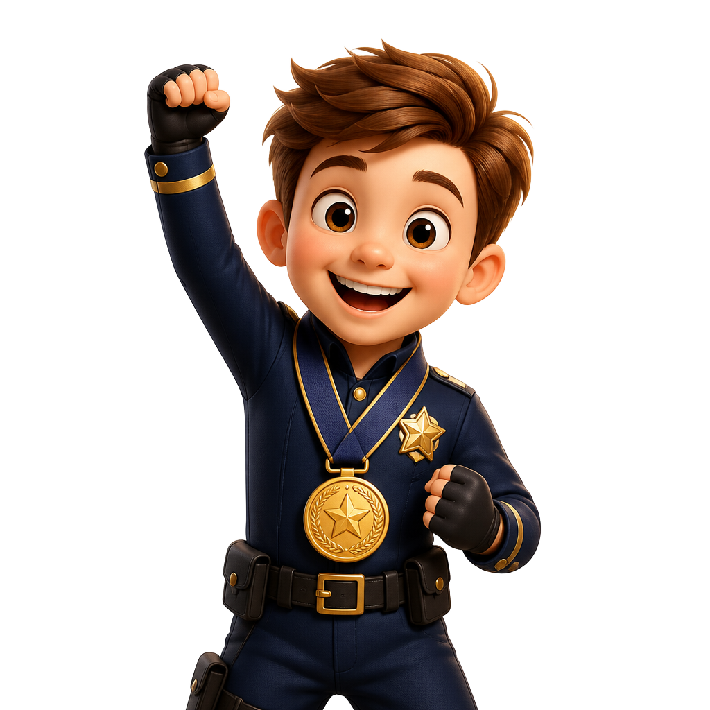 Menino agente comemorando com a medalha de conquista